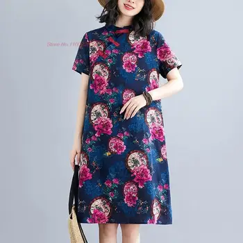 2024 hiina vintage kleit cheongsam riiklike flower print puuvillane linane kleit paranenud qipao hiina-line qipao folk kleit