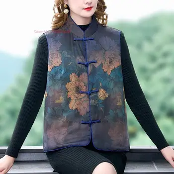 2024 riigi vintage vest flower print satiin vateeritud vest tang sobiks oriental etnilise seista krae käisteta vest vest