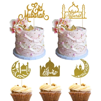 5/10tk Eid Mubarak Koogikarpides Torukübar Gold Silver Moon Temple Cake Toppers jaoks Ramadaani Islami Kareem Kodu Poole Kook Dekoratsioonid