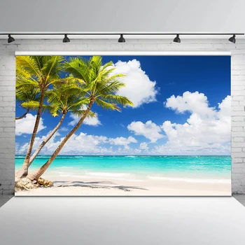 Fotograafia taustaks sinine taevas ja meri suvel rannas palmi kookospähkli puu vastsündinud lapse tausta photo booth studio prop