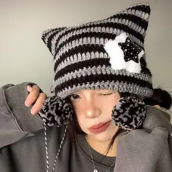 Jaapani Stiilis Kass Kõrva Beanie Müts Star Triibuline Printimine Kudumise Müts Sügis -, Talve -, Plüüš-Palli Ripats Soe Müts