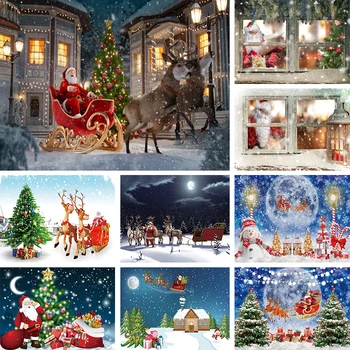 Jõuluvana Sõidab Tausta Xmas Merry Christmas Decoration Pool Põhjapõder Kelk Talvel Snowscape Vinüül Fotograafia Taust