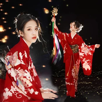 Kimono Paranenud Naine, Jaapani, Hiina Stiilis Kleit Traditsiooniliste Yukata Naiste Foto Hommikumantel Jaapani Tüdruk Punase Kirsi Õied Kleit