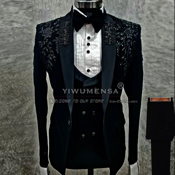 Luksus Peigmees Kohandatud Tuxedos Must Profileerimine Appliques Jakk, Vest Püksid 3 Tükki Ametlik Meeste Ülikonnad Pulm Fit Pidulik Bleiser