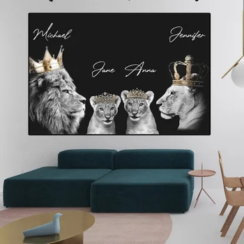 Must Ja Valge Lõvi Pere Gold Crown Seina Art Plakat Trükkida Õlimaal Seina Art Loomade Elu Ruumi Kaunistamiseks