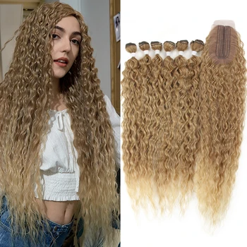 Sünteetiline Lokkis juuksepikendusi Ombre Blond Afro Krussis Lokkis Juuksed Kimbud Koos Sulgemise 30 tolli Pikk Laine Juuksed Jutustama