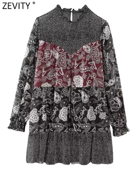 Zevity Naiste Vintage Paisley Õie Dots Segast Prindi Volt Ruffle Mini Kleit Stiilne Naiste Pikad Varrukad Sifonki Vestidos DS5785