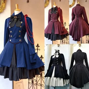 2022 Vintage Gooti Lolita Kleit OP Ruffle kikilips Nuppu Lace Up Põlve Pikkusega Kleit Pikk Varrukas Armas Kleit