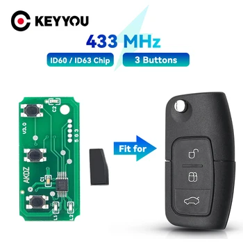KEYYOU Tasuta Kohaletoimetamine 433MHz 3 Button Remote Key trükkplaadi Ford Focus 2 3 Mondeo Fiesta C-Max, S-Max, Galaxy ID60 ID63 Kiip