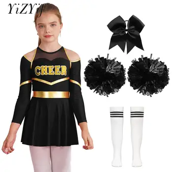 Lapsed Tüdrukud Cheerleading Varustus Pikkade Varrukatega 4tk Cheer-Leader Kostüüm Kooli Üritus Halloween Muusikaline Festival Fancy Dress Up