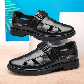 meeste casual suve sandaalid õõnes välja hingav ehtne nahk kingad, must trendikas matkamine tossud street stiilis jalatsid sandal