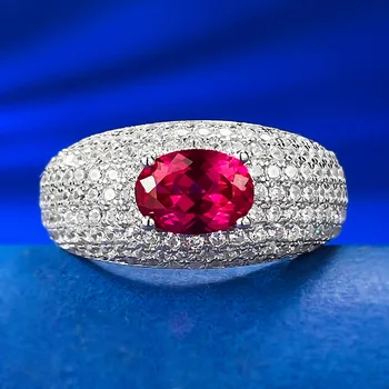 S925 Sterling Silver Uus Ruby 5 * 7mm Täielik Teemant Sõrmus Komplekt Tsirkoon Mood Lihtne Ringi